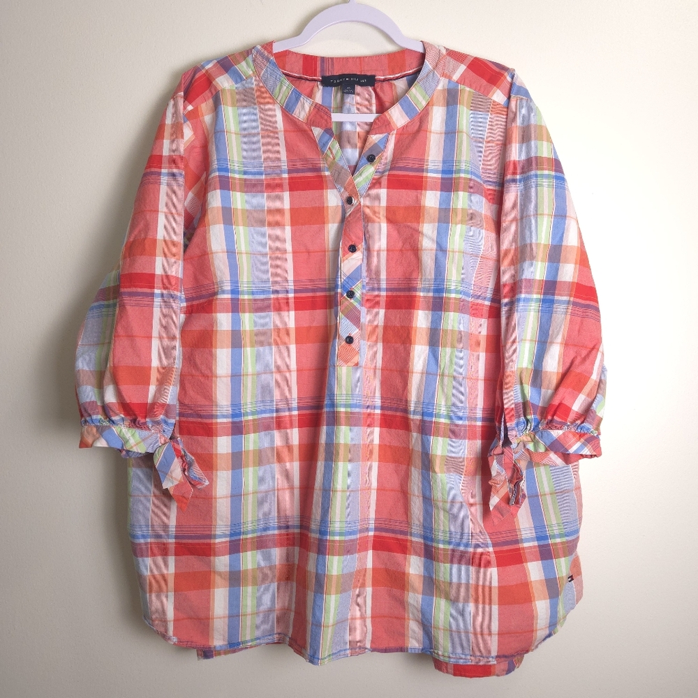 TOMMY‎ HILFIGER Plaid Check Roundneck Popover 3/4 Sleeve Classic Blouse 2XL
